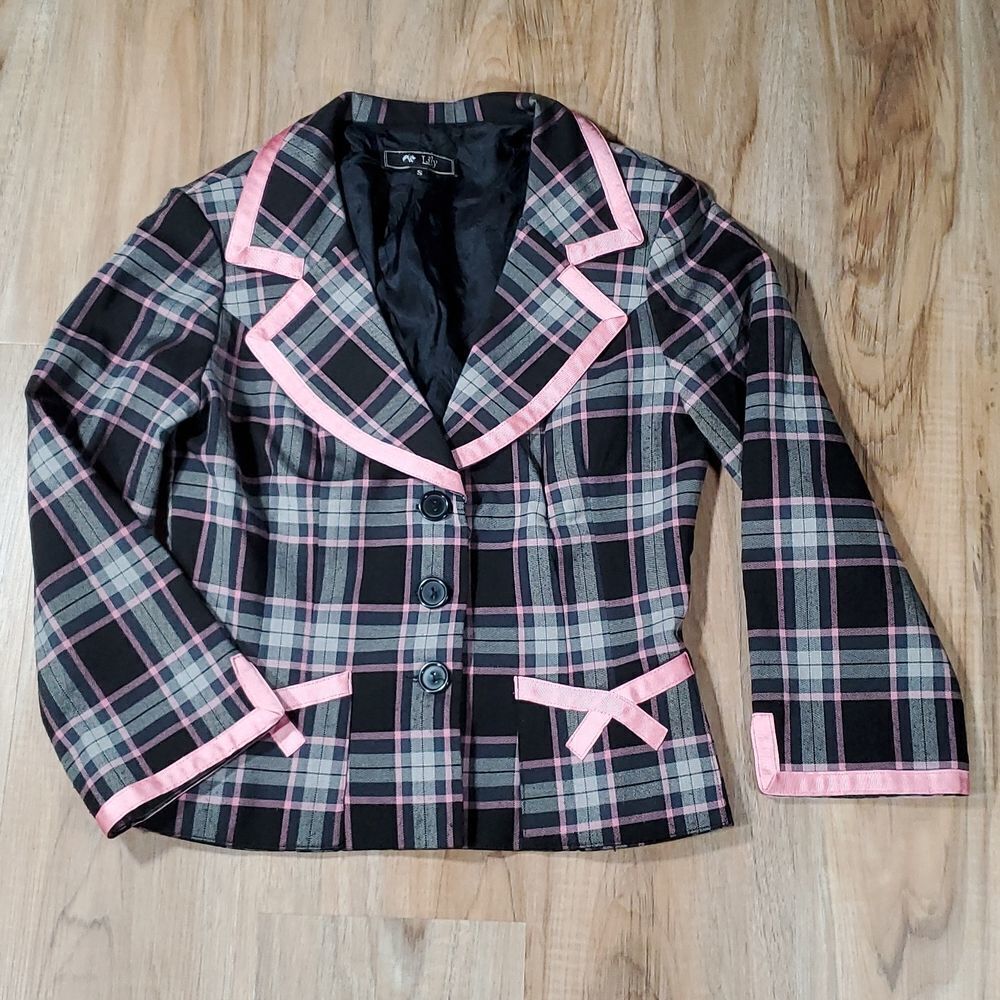 🔸️Lily Black & Pink Plaid Cropped Blazer w/Pockets Small